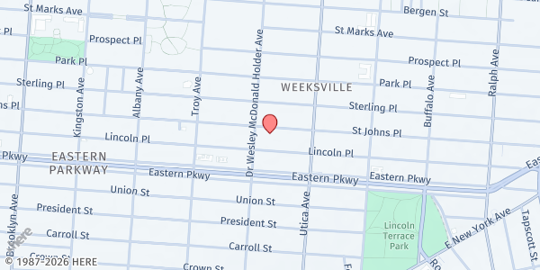Map showing Bible Faith Tabernacle at 1368 Saint Johns Place, Crown Heights, NY
