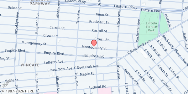 Map showing Crown Heights Jewish Community Council at 388 Schenectady Avenue, Crown Heights, NY