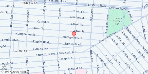Map showing Crown Heights Jewish Community Council Food Pantry at 388 Schenectady Avenue, Crown Heights, NY
