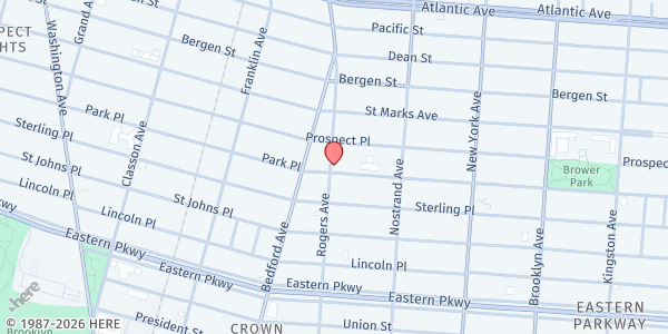 Map showing Crown Heights Youth Collective, Inc. - Main Location at 113 Rogers Avenue, Crown Heights, NY