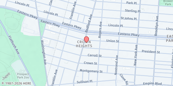 Map showing Love Wins Food Pantry @ Brooklyn Community Pride Center at 1561 Bedford Avenue, Crown Heights, NY