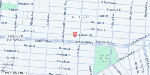 Map showing St. Matthew's Roman Catholic Church at 1123 Eastern Parkway, Crown Heights, NY