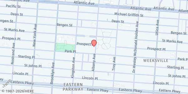 Map showing The First Mary Magdalene Temple of Faith at 202 Albany Avenue, Crown Heights, NY