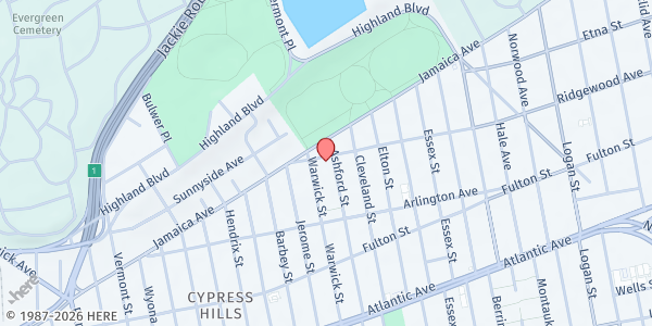 Map showing Sri Durga Mandir Multicultural Community Center at 18 Ashford Street, Cypress Hills, NY