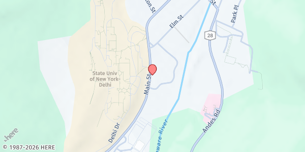 Map showing Habitat for Humanity of Delaware County NY at 5 1/2 Main St, Delhi, NY