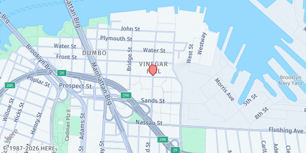 Map showing Vinegar Hill Community Garden Little Red Food Box at 199 York Street, Downtown Brooklyn, NY