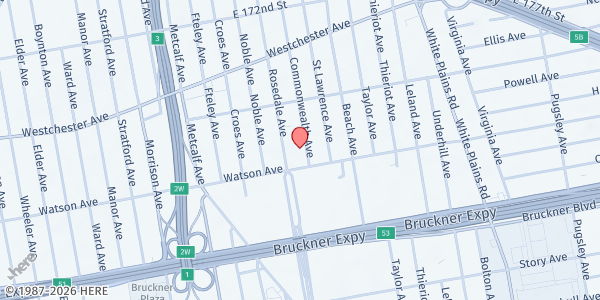 Map showing Bronx Pentecostal Deliverance Ctr. at 1755 Watson Avenue, East Bronx, NY
