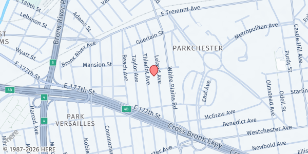 Map showing Soundview Baptist Church at 1461 Leland Avenue, East Bronx, NY