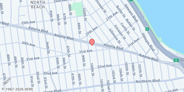 Map showing First Baptist Church at 100-10 Astoria Blvd, East Elmhurst, NY