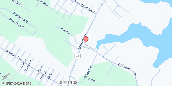 Map showing Springs Food Pantry at 5 Old Stone Hwy, East Hampton, NY