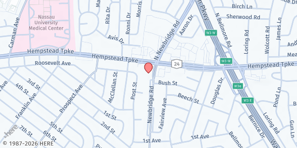 Map showing East Meadow Animal Hospital at 24 Newbridge Road, East Meadow, NY