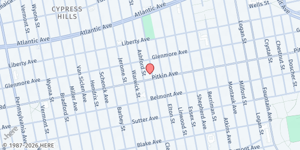 Map showing Good News Deliverance Tabernacle at 442 Cleveland Street, East New York, NY