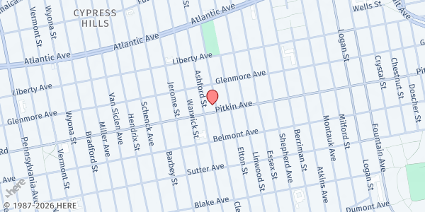 Map showing Good News Deliverance Tabernacle, Inc. at 442 Cleveland Street, East New York, NY