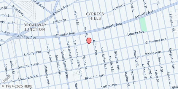 Map showing Love Fellowship Tabernacle at 464 Liberty Avenue, East New York, NY