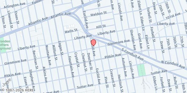 Map showing Muslim Ummah of North America (MUNA) - East New York at 1027 Glenmore Avenue, East New York, NY