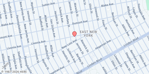 Map showing New Lots Islamic Center at 604 Jerome Street, East New York, NY