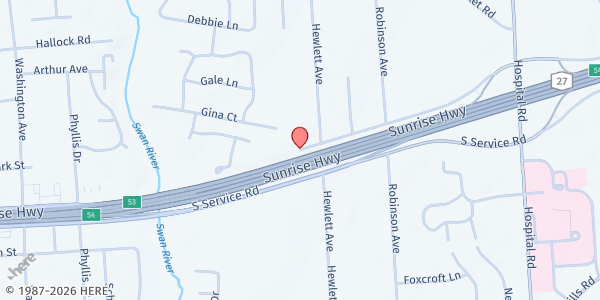 Map showing The Patchogue Church of Christ Pantry at 285 Sunrise Highway Service Road N, East Patchogue, NY