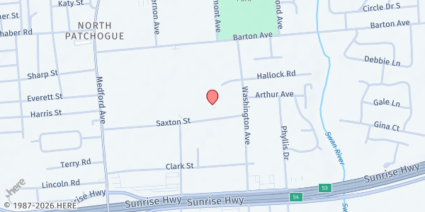 Map showing The Patchogue Church of Christ Pantry at 295 Sunrise N. Service Rd, East Patchogue, NY