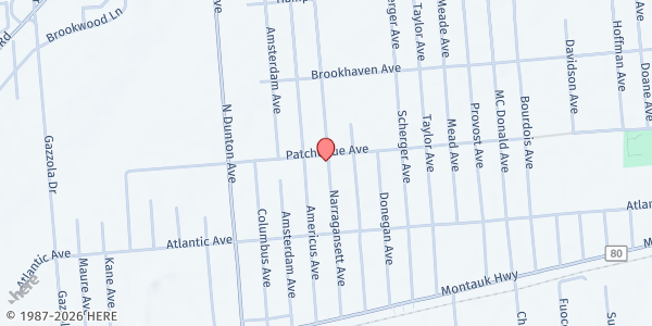 Map showing The Patchogue Neighbors Soup Kitchen Inc at 510 Narragansette Ave., East Patchogue, NY