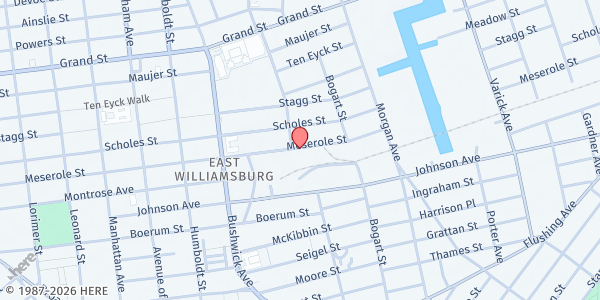 Map showing Now & Then Thanksgiving Distribution Site at 290 Meserole Street, East Williamsburg, NY