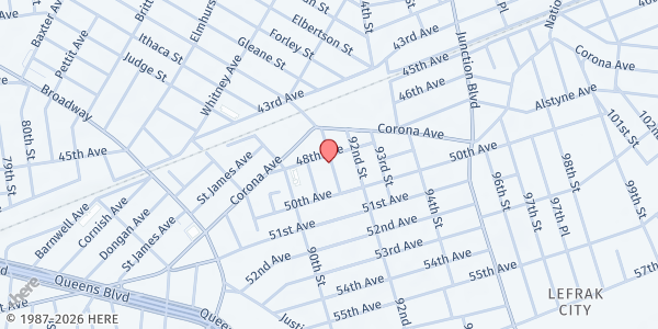 Map showing Bethany Lutheran Church/StJacobus at 48-08 91st Place, Elmhurst, NY