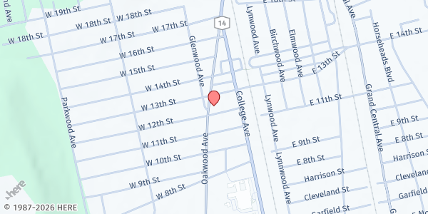 Map showing Oakwood United Methodist Church at 210 Oakwood Ave, Elmira Heights, NY