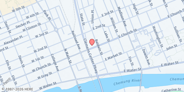Map showing Elmira Free Community Kitchen at 215 East Church Street, Elmira, NY