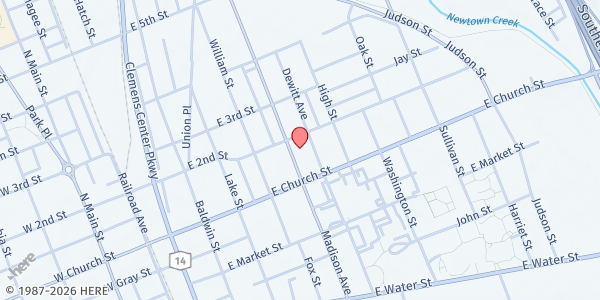 Map showing Mobile Food Pantry Elmira-CCC at 318 Madison Ave, Elmira, NY