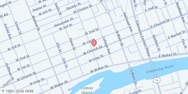 Map showing New Beginnings Food Pantry at 330 W. Church St., Elmira, NY