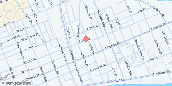 Map showing New Life Elmira Food Pantry at 325 Lake St., Elmira, NY