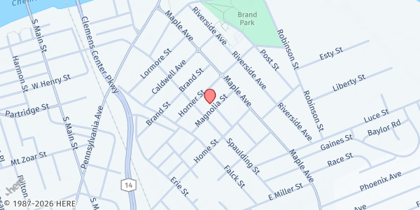 Map showing Riverside Food Pantry - Food Distribution Center at 559 Spaulding St, Elmira, NY