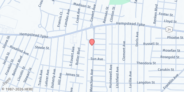 Map showing Eglise Baptiste Salem at 90 Meacham Avenue, Elmont, NY