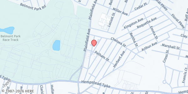 Map showing Emanuel Baptist Church Food Pantry at 1880 Pelham St., Elmont, NY