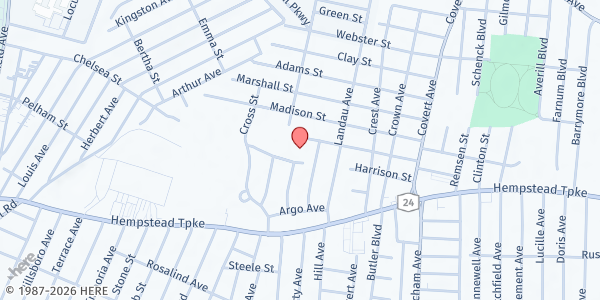 Map showing Pope Francis Hospitality Center at 1510 DePaul St., Elmont, NY