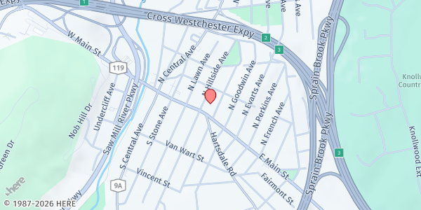 Map showing OLMC ELMSFORD FOOD PANTRY at 59 EAST MAIN STREET, ELMSFORD, NY