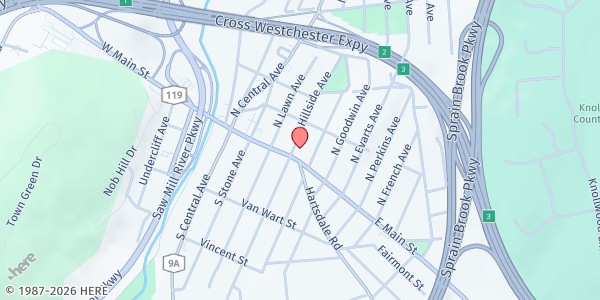 Map showing OLMC ELMSFORD FOOD PANTRY at 59 EAST MAIN STREET, ELMSFORD, NY