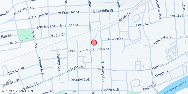Map showing Central United Methodist Church at 17 Nanticoke Avenue, Endicott, NY