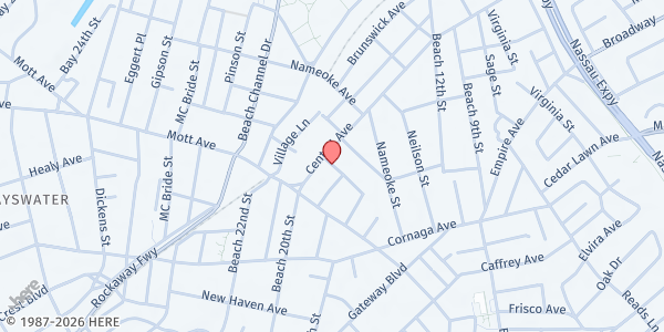 Map showing AIDS Center of Queens County – Far Rockaway Food Pantry at 1600 Central Ave, Far Rockaway, NY