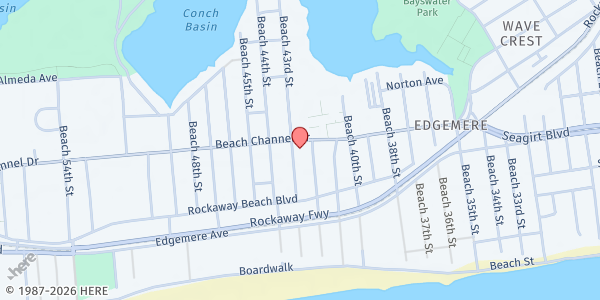 Map showing Full Gospel Tabernacle Food Pantry at 361 Beach 42nd Street, Far Rockaway, NY