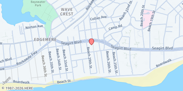 Map showing J.U.S.T.I.C.E. ORGANIZATION - Far Rockaway at 223 BEACH 28TH STREET, Far Rockaway, NY