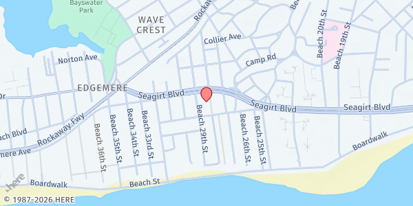 Map showing Jesus is Justice Mission Food Pantry at 223 BEACH 28TH STREET, Far Rockaway, NY