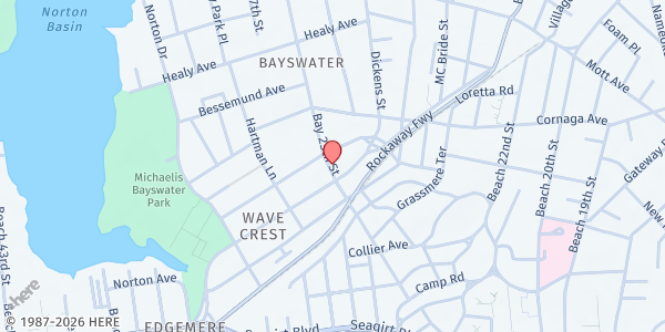 Map showing Queens High School for Information, Research, and Technology at 8-21 Bay 25th Street, Far Rockaway, NY