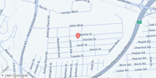 Map showing Church of New Eagle for Jesus Christ at 106 Florida St., Farmingdale, NY