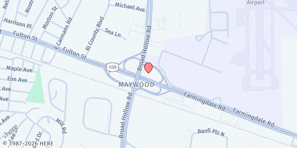 Map showing Happy Days Dispensary at 105 NY-109, Farmingdale, NY