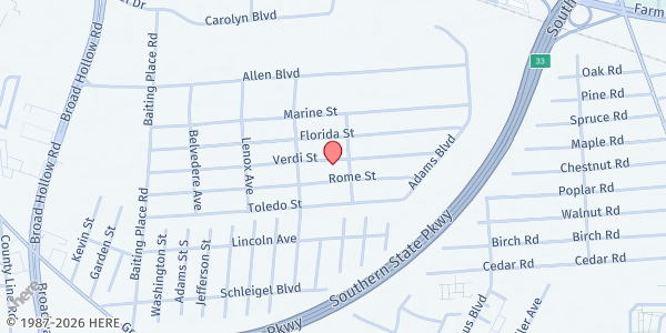 Map showing Hope for the Future Ministries - Main Location at 131 Verdi Street, Farmingdale, NY