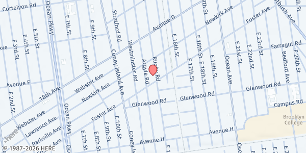 Map showing ICNA Relief Quba Pantry at 634 Rugby Road, Flatbush, NY