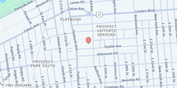 Map showing Norma Adams Clemons Academy at 43 Snyder Avenue, Flatbush, NY