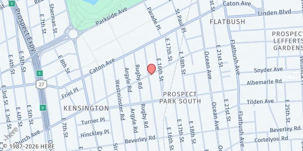 Map showing One Love Community Fridge @ B'ShERT at 1596 Church Avenue, Flatbush, NY