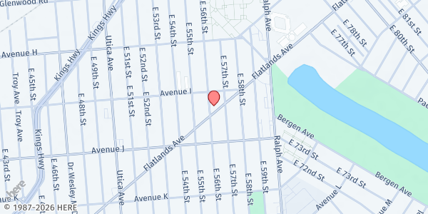 Map showing FAITH DELIVERANCE PENTECOSTAL CHURCH OF GOD at 5601 Flatlands Avenue, Flatlands, NY