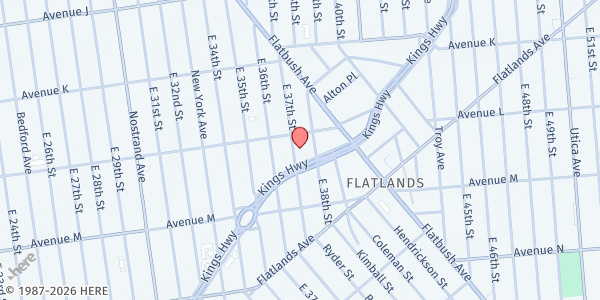 Map showing Kings Highway United Methodist Church at 1387 East 37th Street, Flatlands, NY